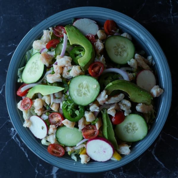 El Fuego Mexican Grill's shrimp ceviche with avocado, cucumber, tomatoes, radishes, and jalapeños.